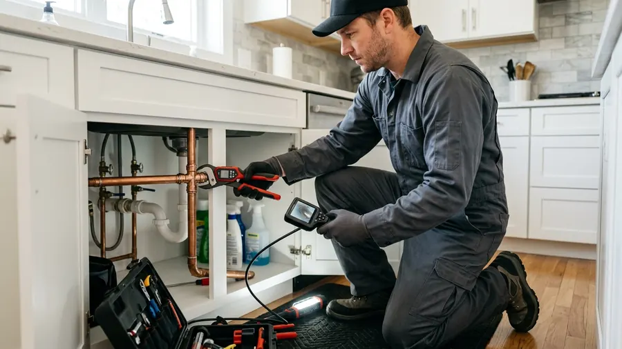 Professional emergency plumber repairing pipe line with heavy duty tools