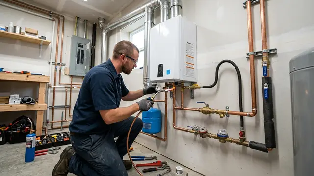 Technician installing high efficiency tankless water heater